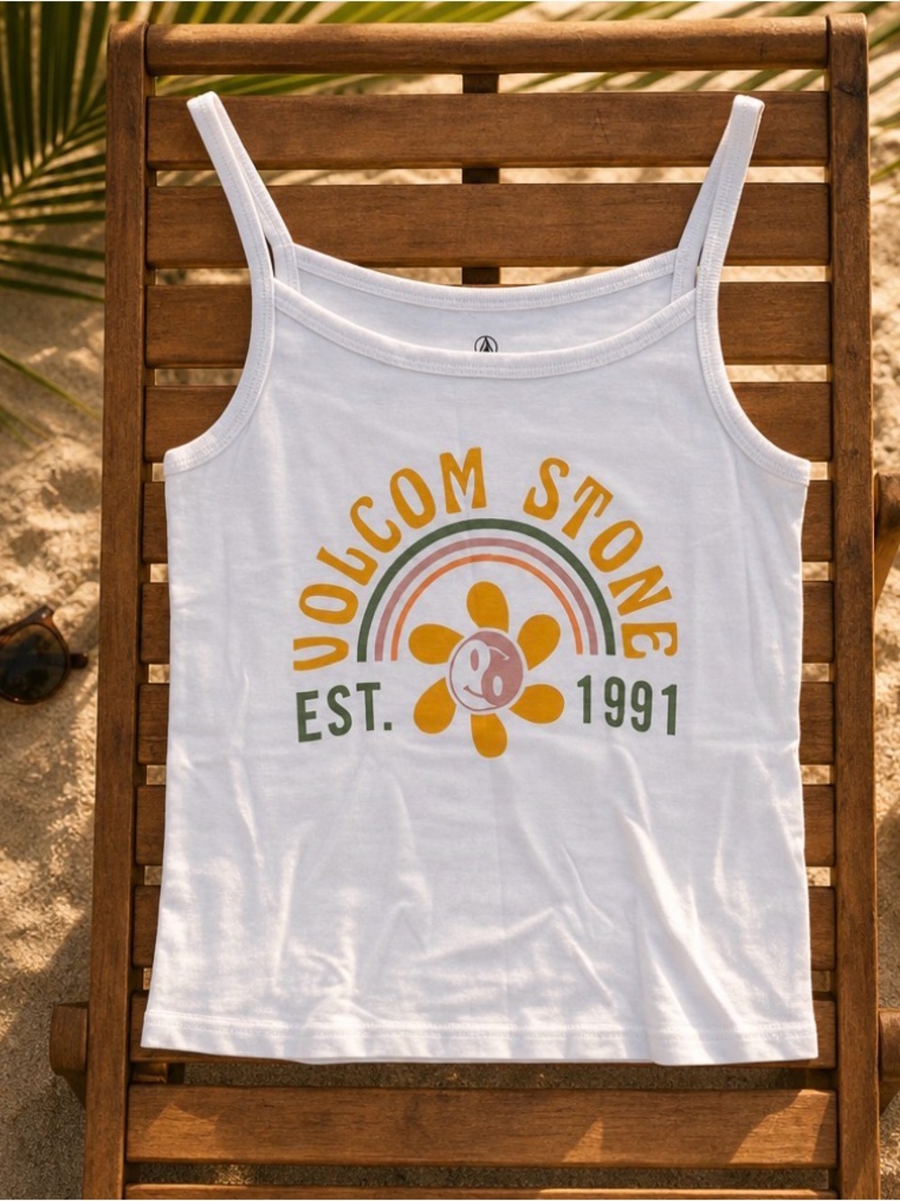Volcom White Crop Tank with Yellow & Green Retro Logo